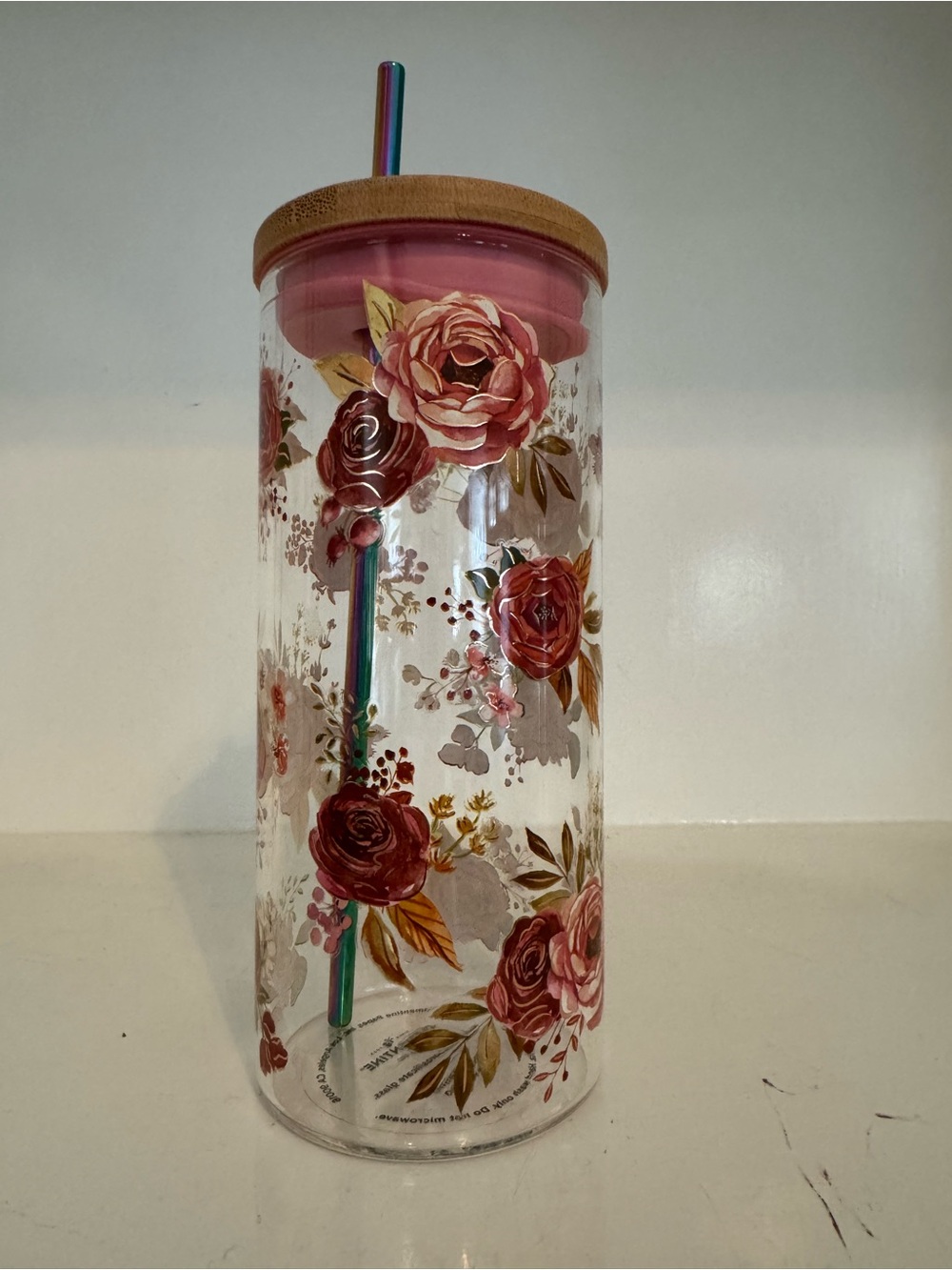 🌸 Elegant Burgundy & Pink Rose Floral Glass Can Tumbler with Bamboo Lid